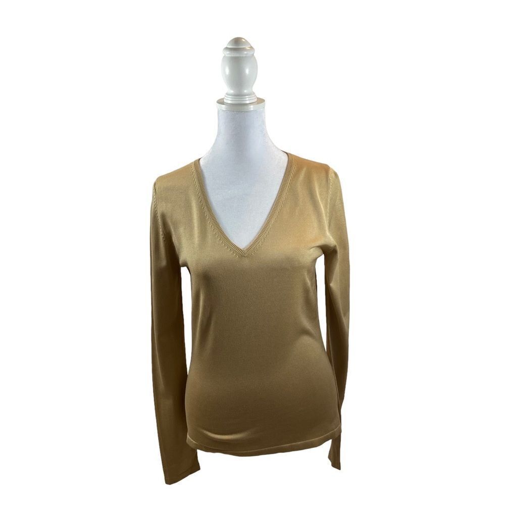 Yansi Fugel Silk Blend‎ V Neck Tan Gold Sweater Size XS